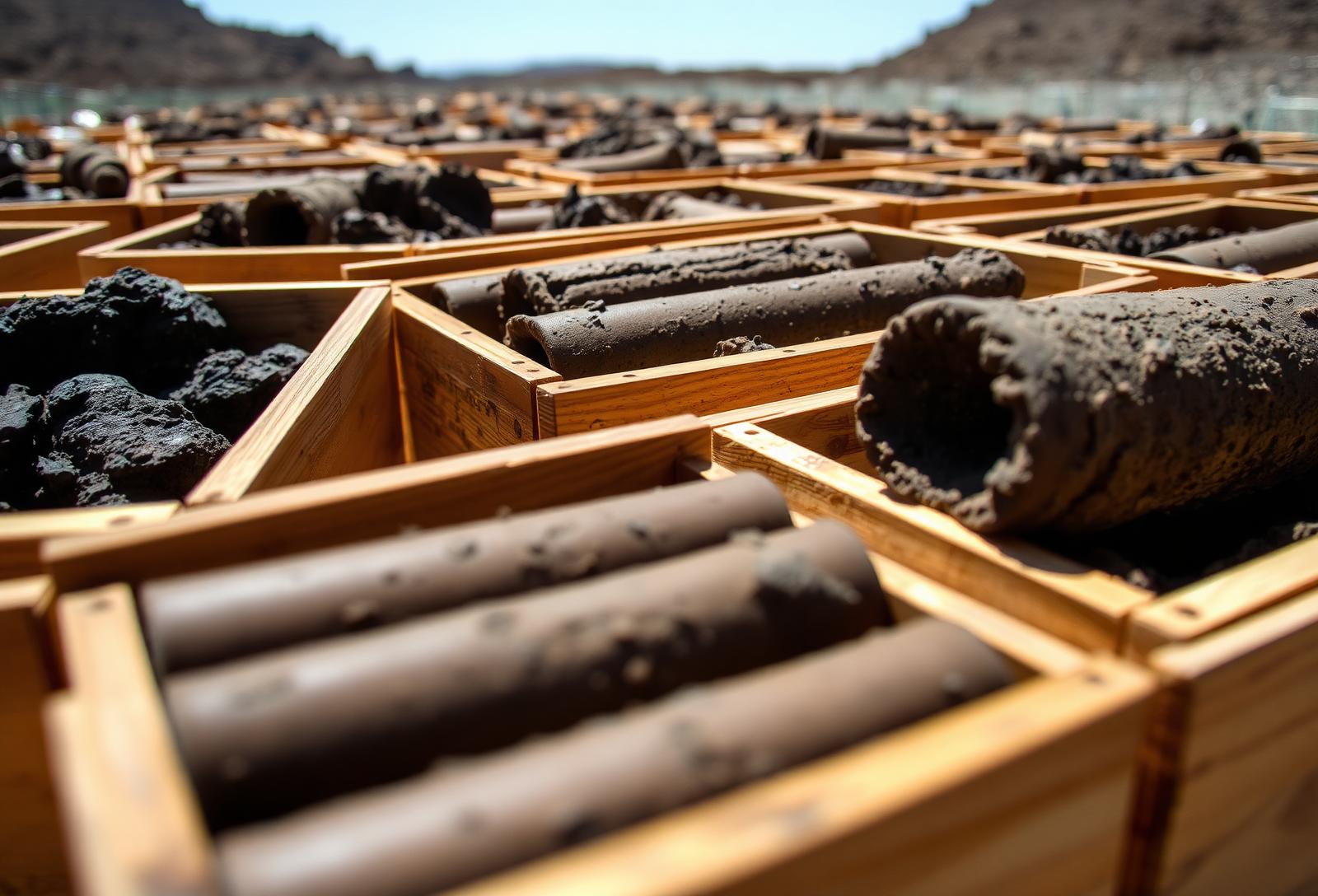 Uranium drill core samples in wooden core boxes